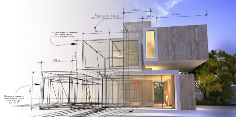 An architectural visualisation resolving from dimensioned wireframe drawing into a finished rendered building