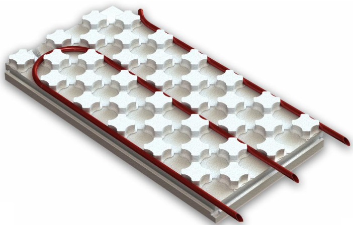 A Heat-Sheet radiant floor panel with heating tube pressed into the channels between its moulded knobs